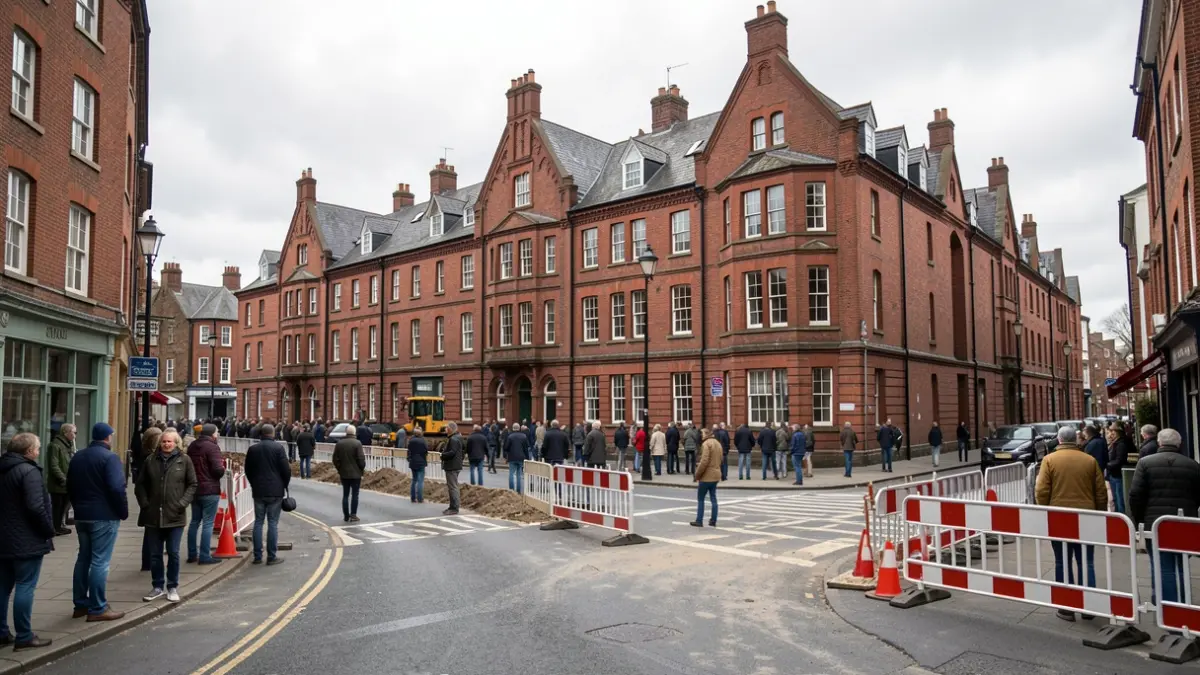 Generic image of roadworks in a town centre with construction barriers and red-brick buildings.