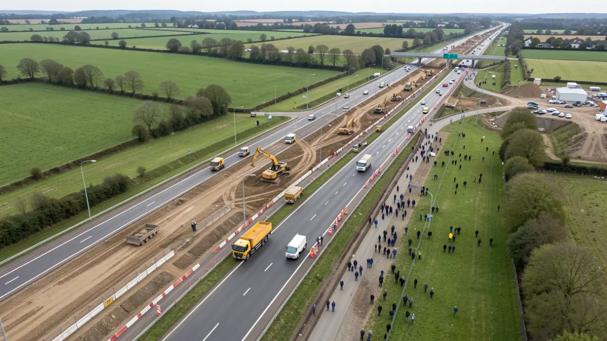 Aerial view of road construction near the M6 motorway in Staffordshire.