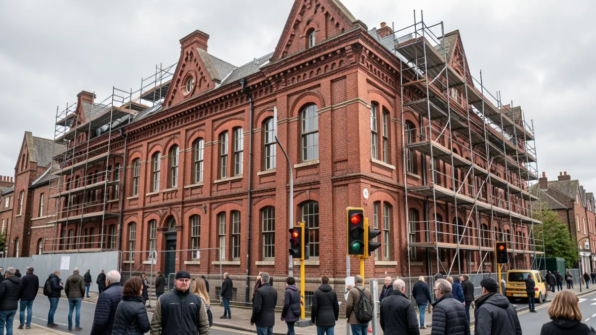 Generic image of construction work on a road with temporary traffic lights and scaffolding on a building.