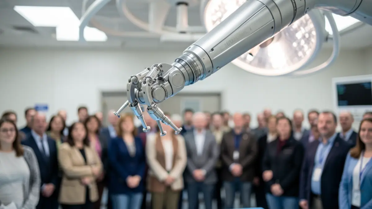 Generic image of a surgical robot arm in an operating theatre.