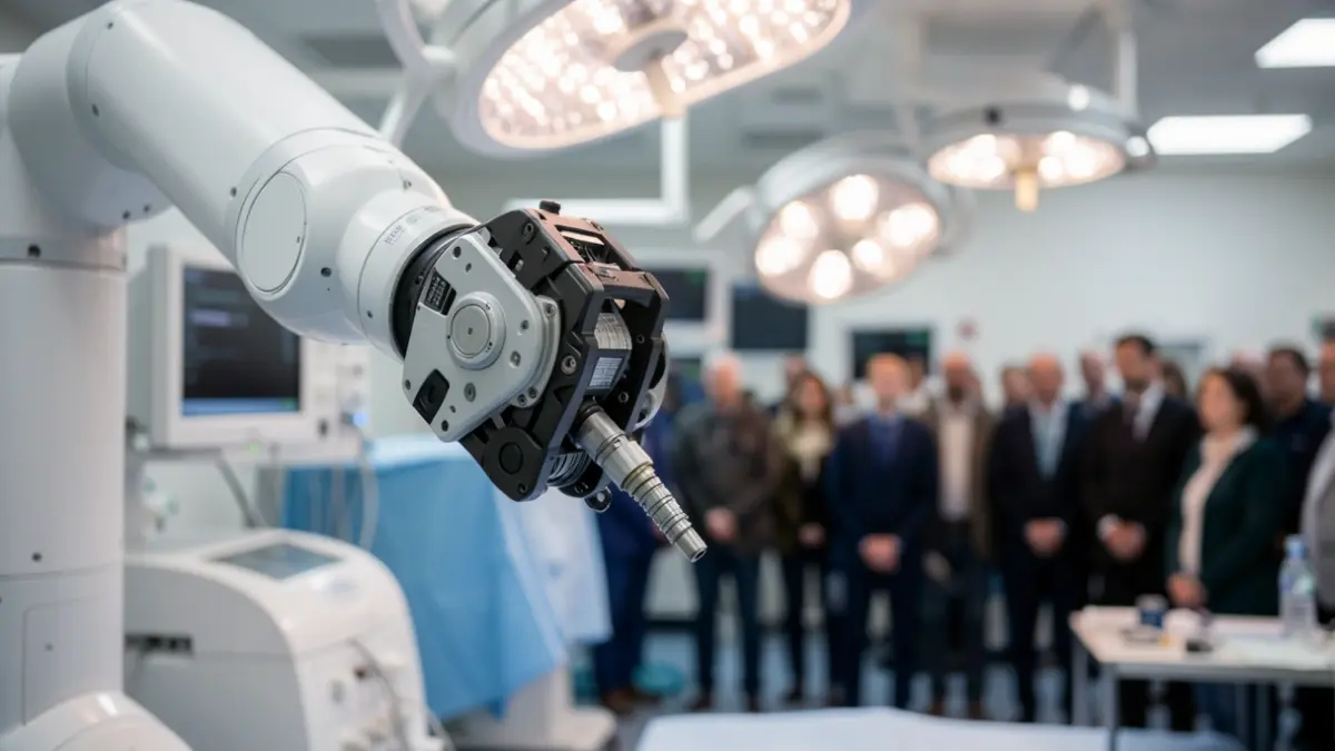 Generic image of a surgical robot arm in an operating theatre.