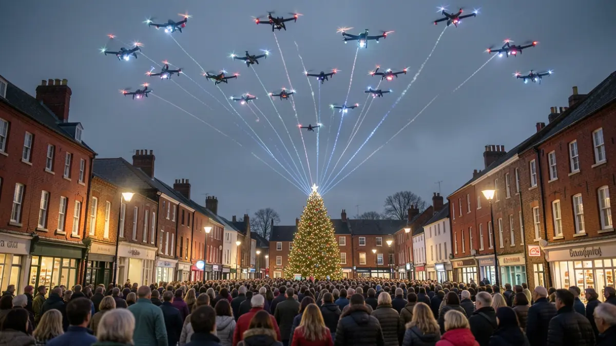 Generic image of a drone light show illuminating the night sky above a town centre.