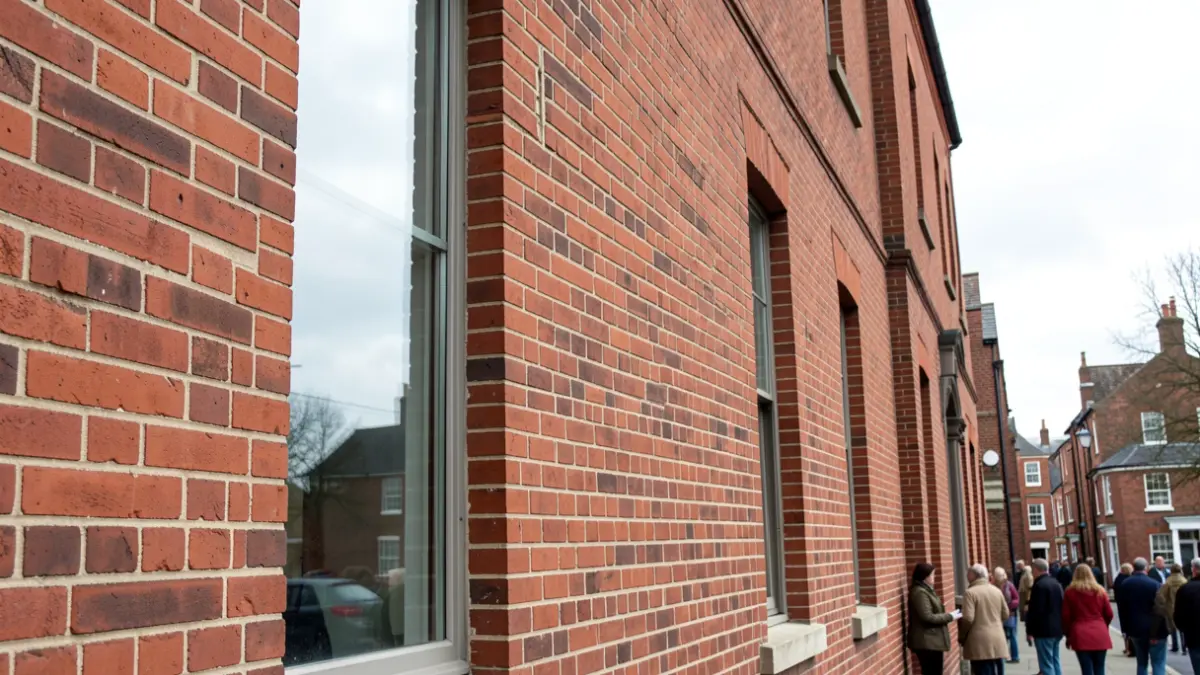 Close-up of a red brick council building facade in The Midlands.