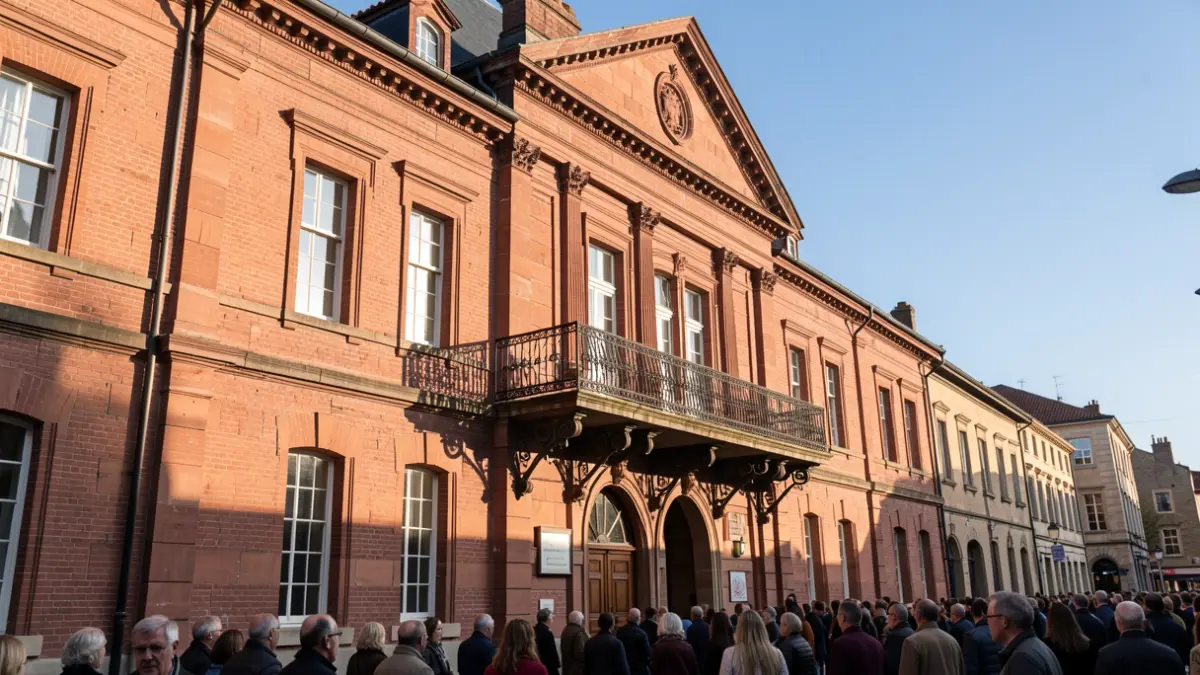 Generic image of a red-brick town hall facade with an ornate balcony, in warm afternoon sunlight.