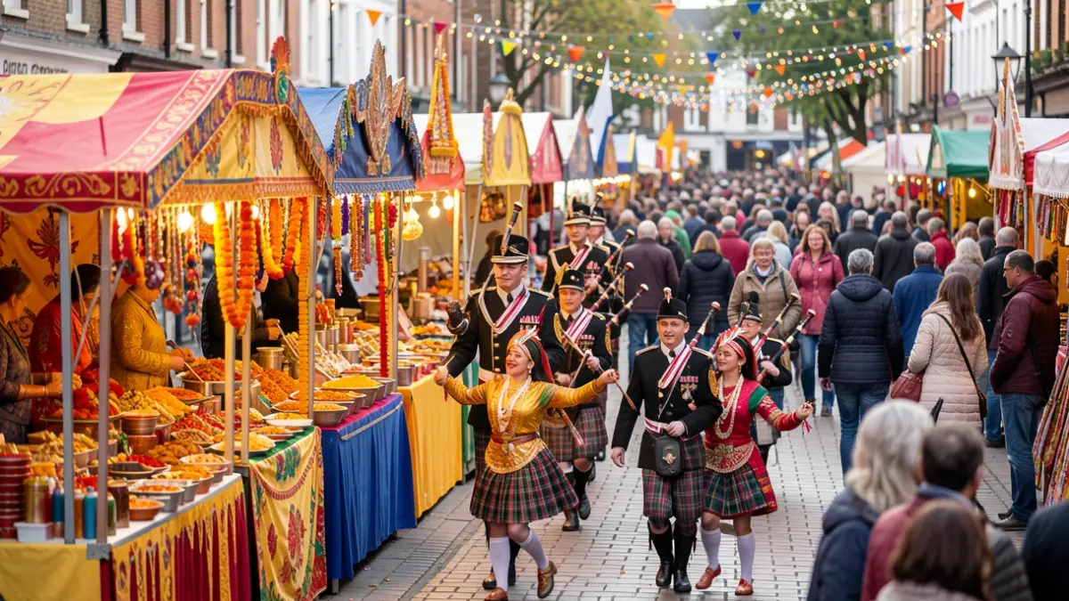 Generic image of a vibrant street festival with colourful stalls and blurred crowds.