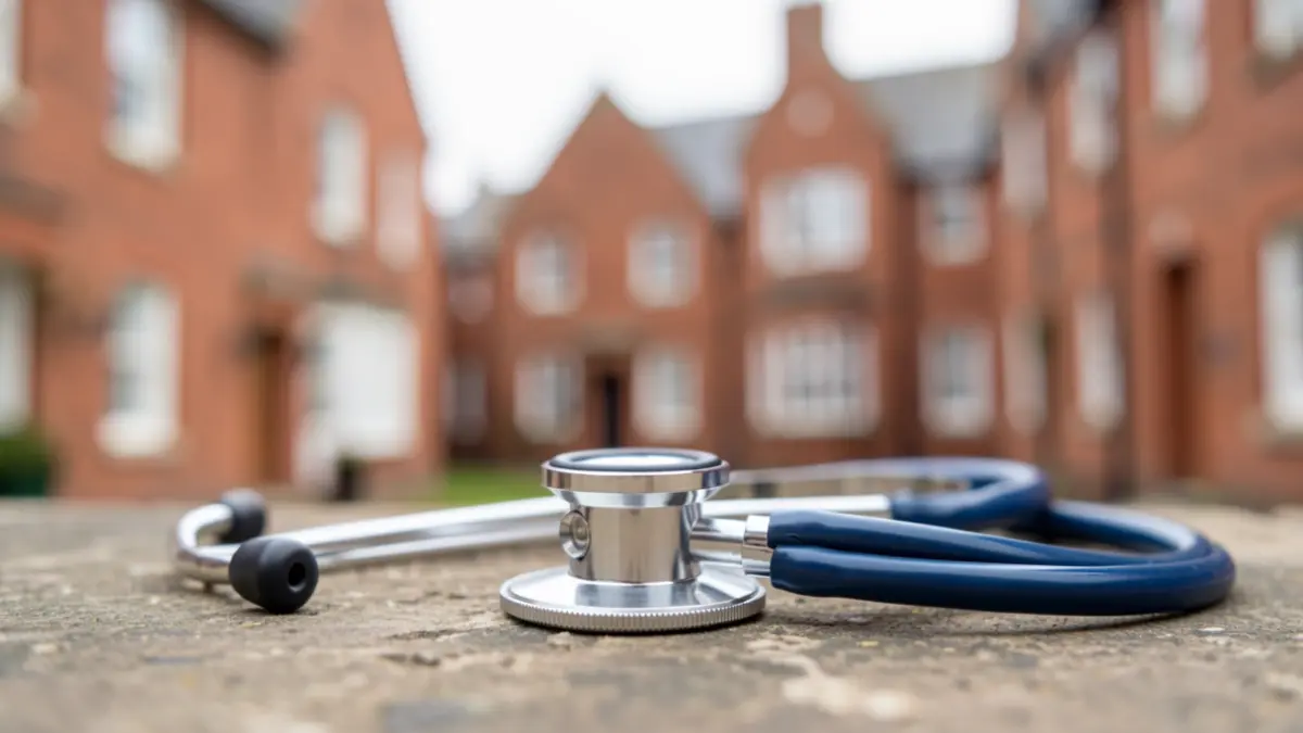 Generic image of a medical stethoscope on a blurred background of red brick buildings.