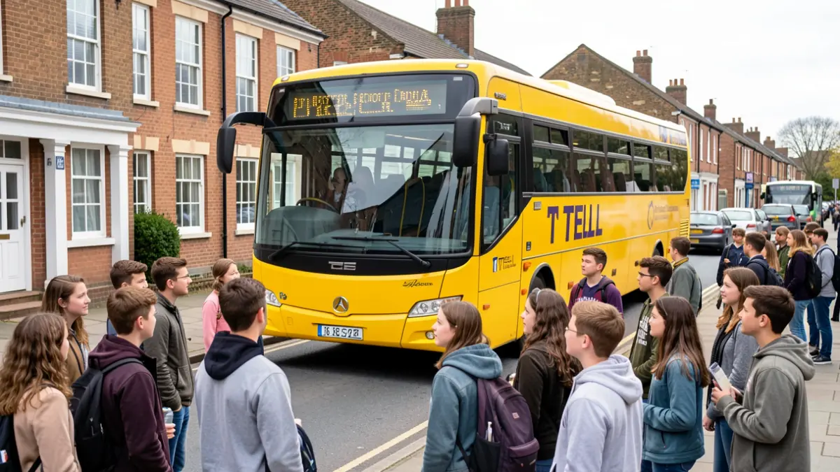 Generic image of a bright yellow bus parked outside a school with teenagers around it.