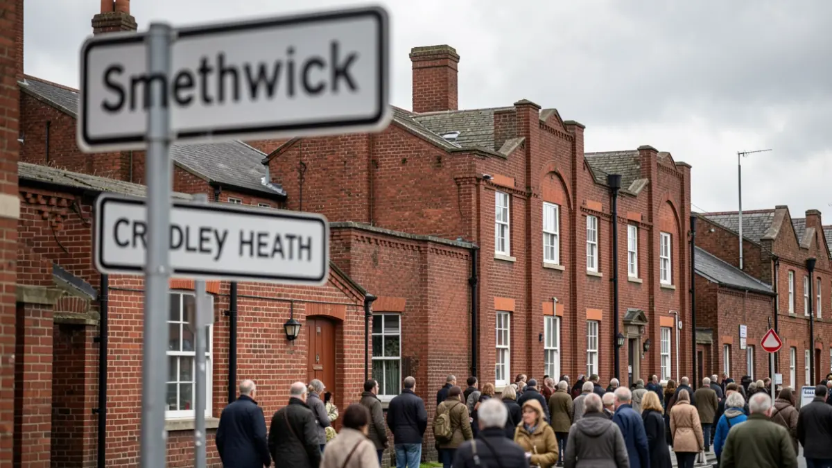 Street signs for Smethwick and Cradley Heath in the Black Country, with industrial buildings in the background.