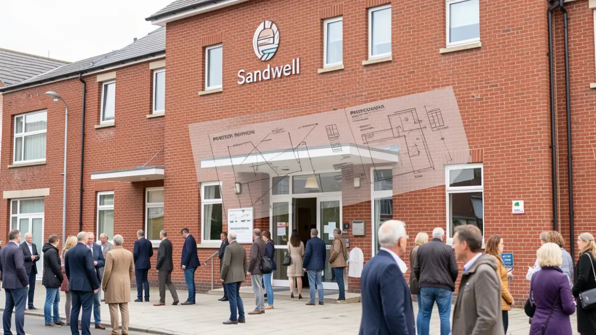Sandwell Council building with planning documents.