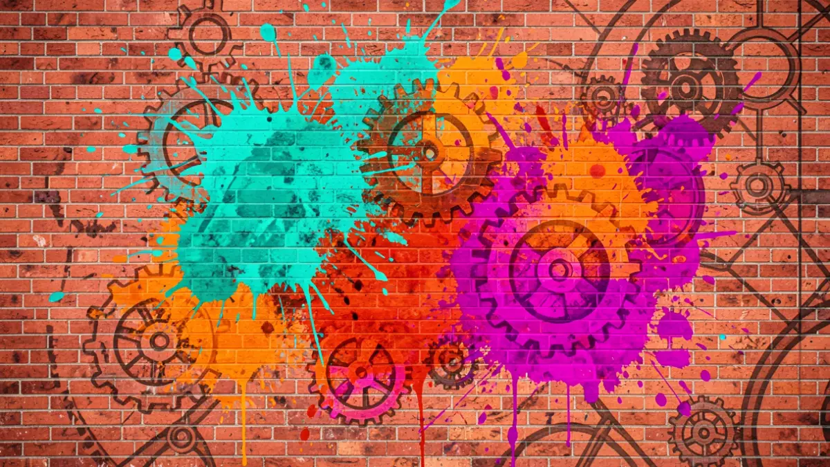 Abstract representation of creativity and industrial heritage with vibrant colours.