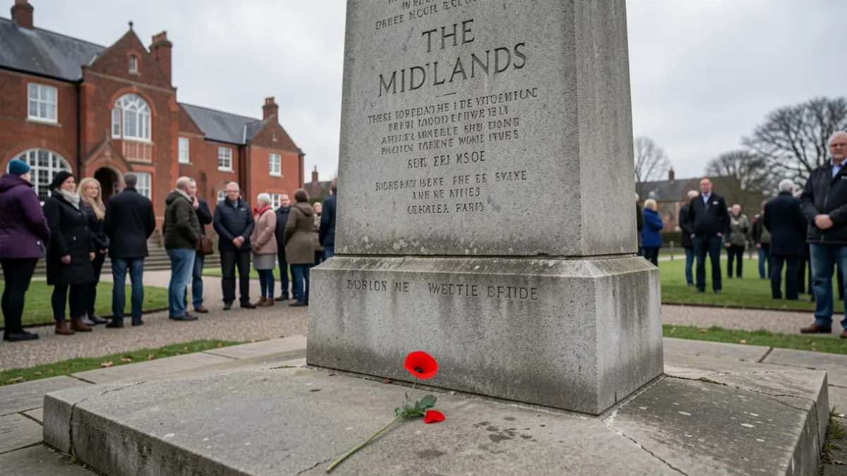 Generic image of a war memorial with a poppy, set against a backdrop of traditional Midlands architecture under an overcast sky.