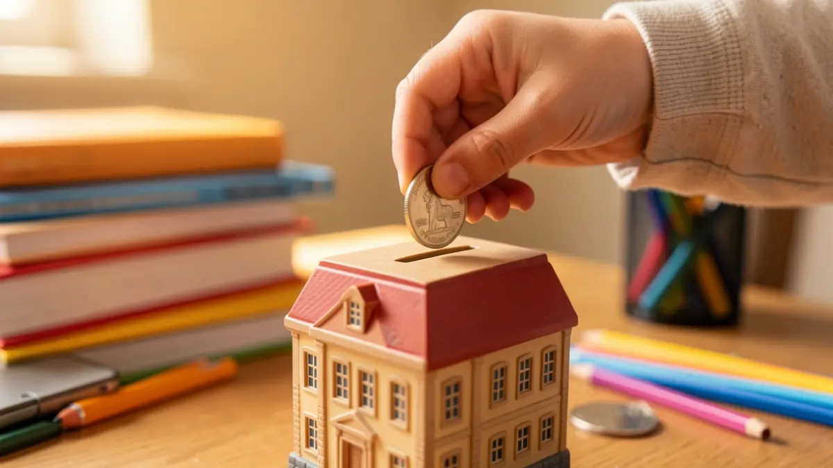 Generic image of a child's hand putting a coin into a piggy bank.
