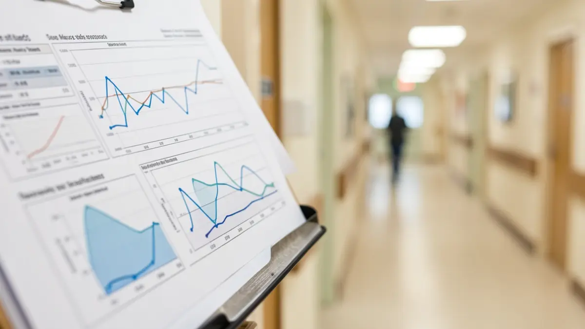Close-up of a medical data chart with blurred hospital corridor in the background.