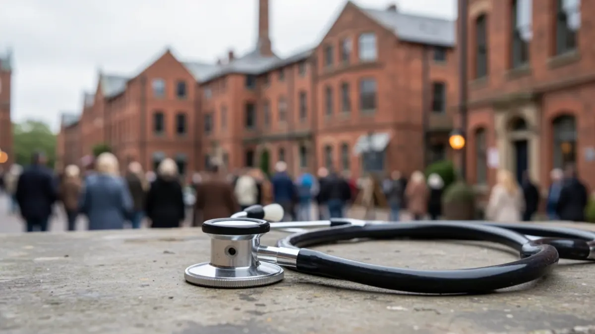Generic image of a stethoscope on a blurred background of red brick buildings.