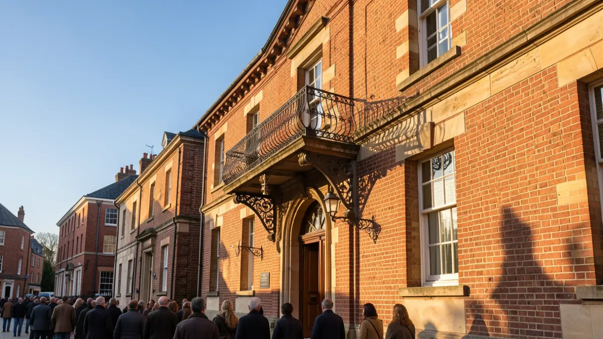 Generic image of a red-brick town hall facade with an ornate balcony and iron railings, bathed in warm afternoon sunlight.