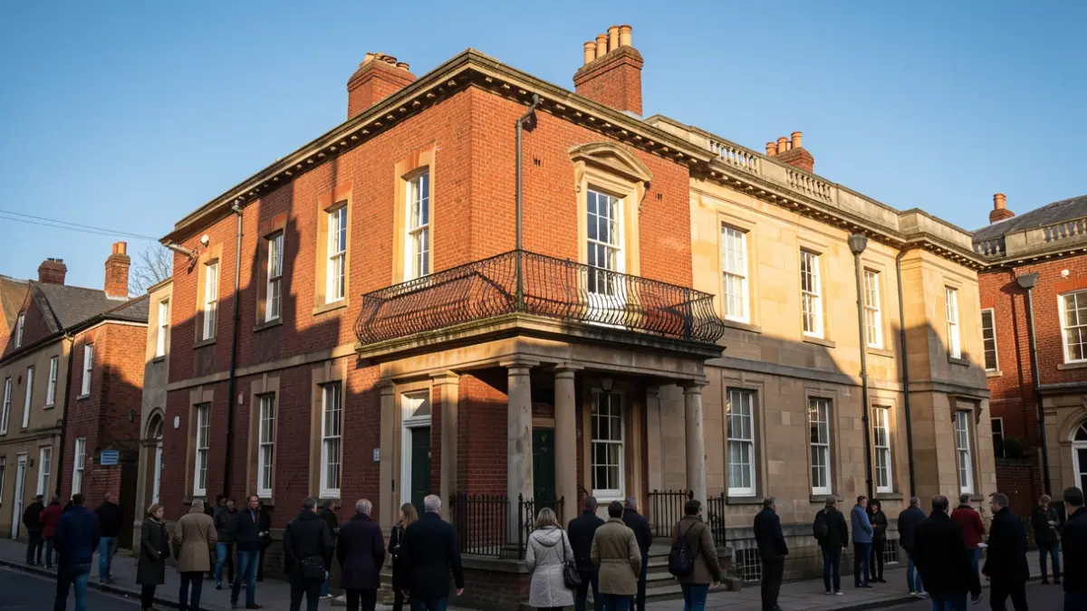 Generic image of the red-brick facade of a traditional town hall with an ornate balcony and iron railings, under warm afternoon sunlight and a blue sky.