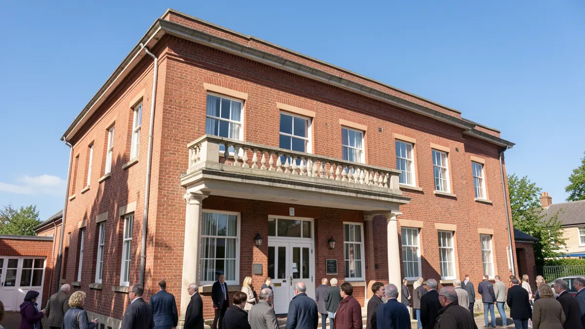 Generic image of a red-brick building with a balcony and large windows, under a blue sky.