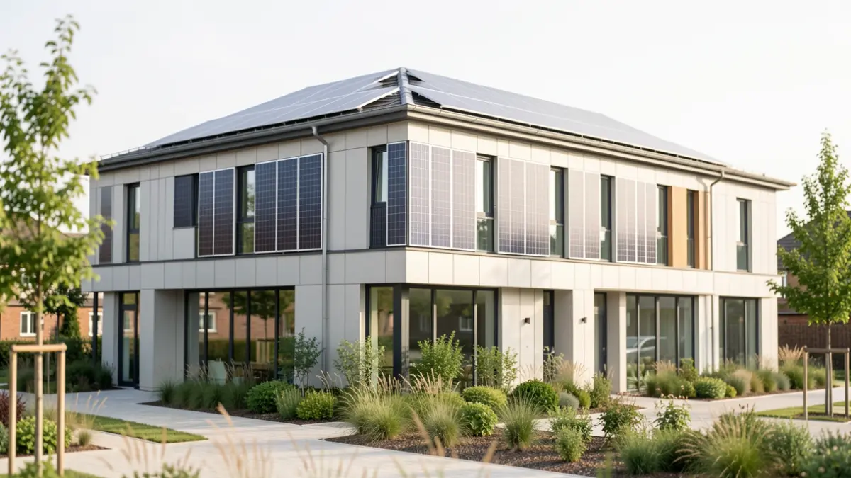 Generic image of a modern, sustainable building with solar panels.