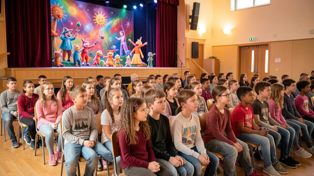 Generic image of children watching a colourful theatre performance in a school hall.