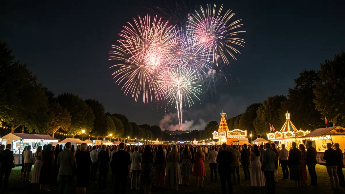 Generic image of a fireworks display over a park with a crowd.