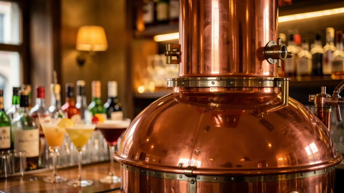 Generic image of a copper still in a bar setting.