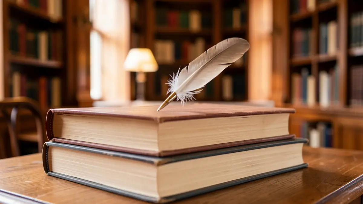 Generic image of a stack of books and a quill pen.