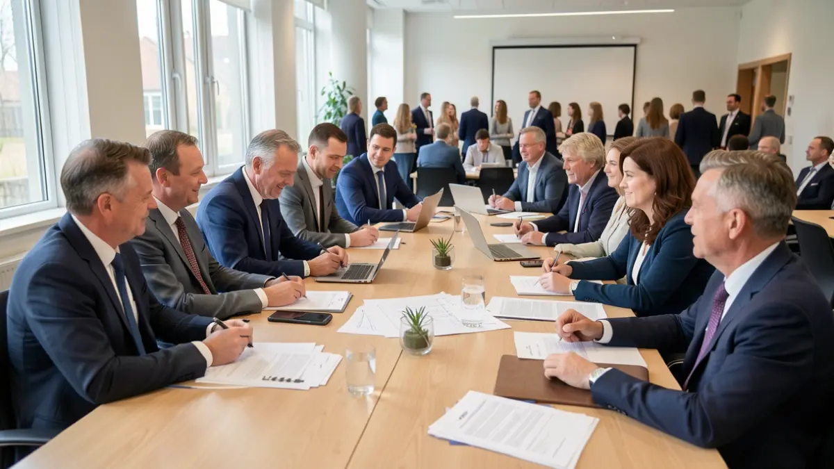 Generic image of a group of people in a meeting room discussing documents.