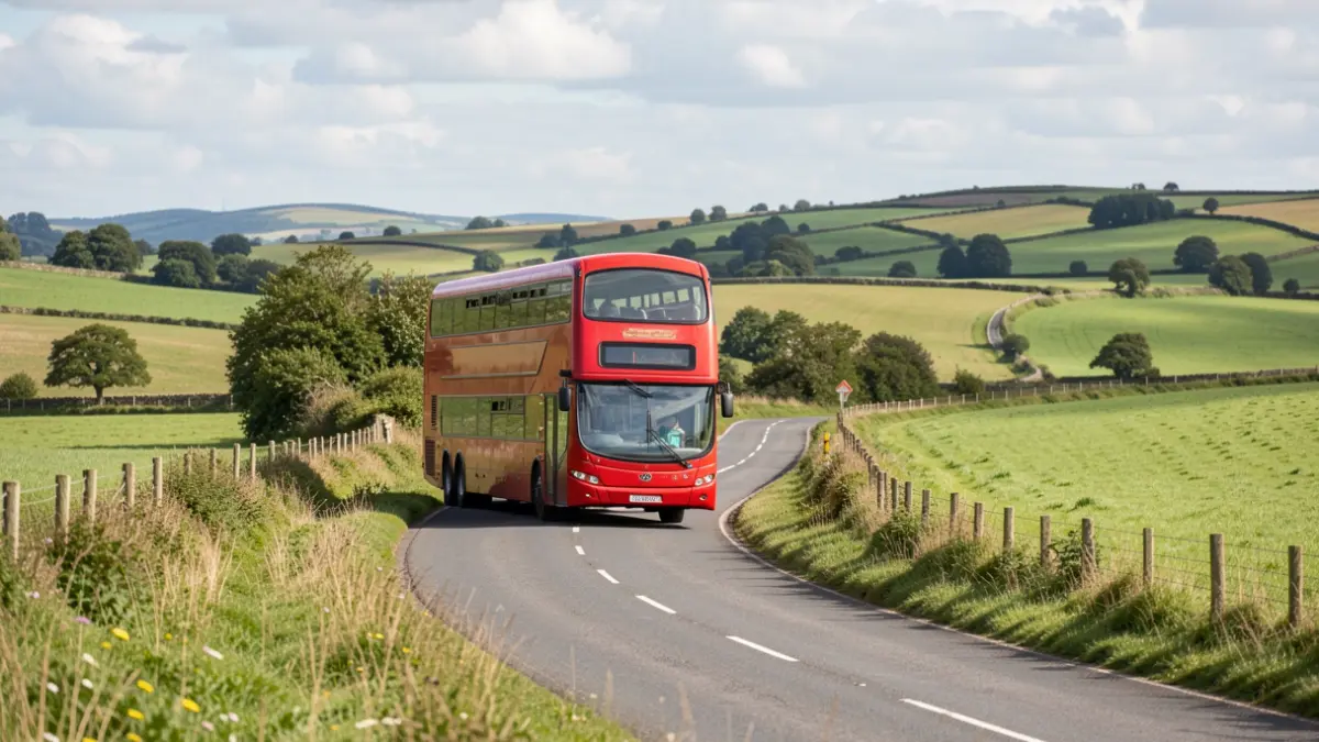 Generic image of a red double-decker bus on a country road.