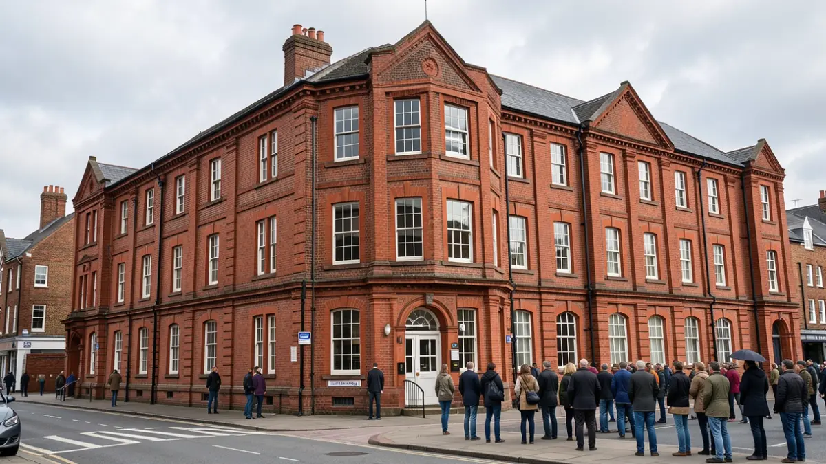 Generic image of a red-brick building facade, typical of The Midlands, under an overcast sky.