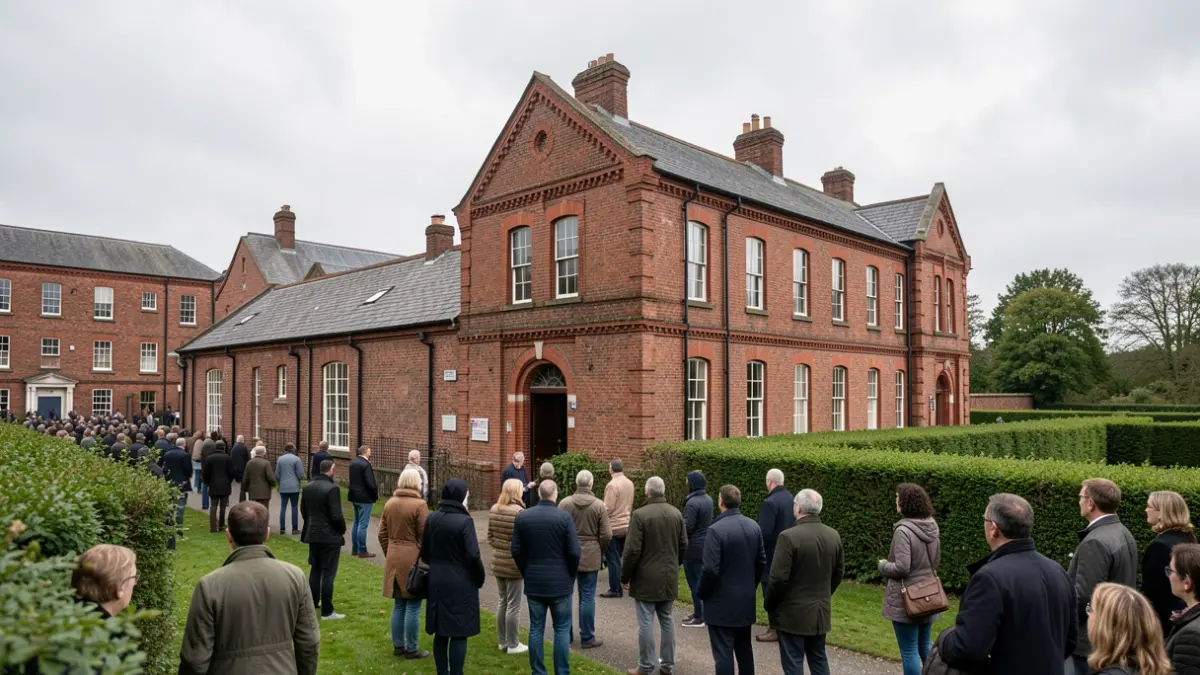 Generic image of a red-brick industrial building in the Midlands with green fields under an overcast sky.