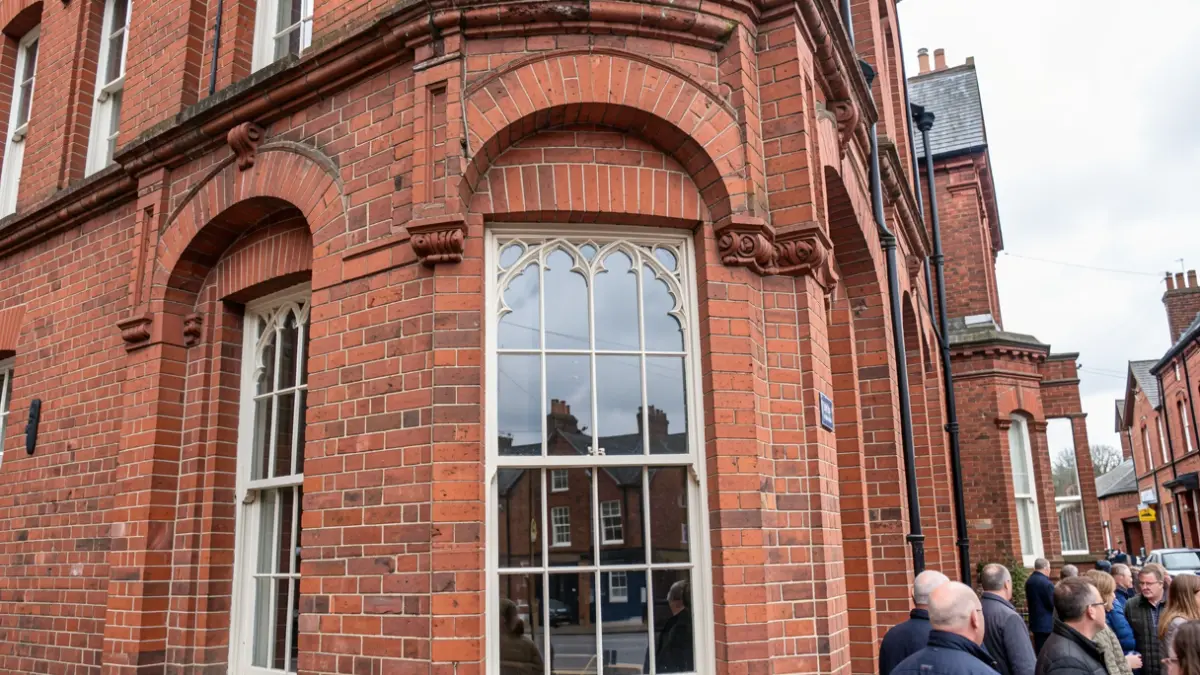 Generic image of a red brick building facade with an ornate window reflecting an overcast sky.