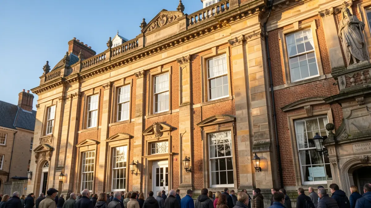 Generic image of a traditional English county hall facade with ornate details, bathed in warm afternoon sunlight under a blue sky.