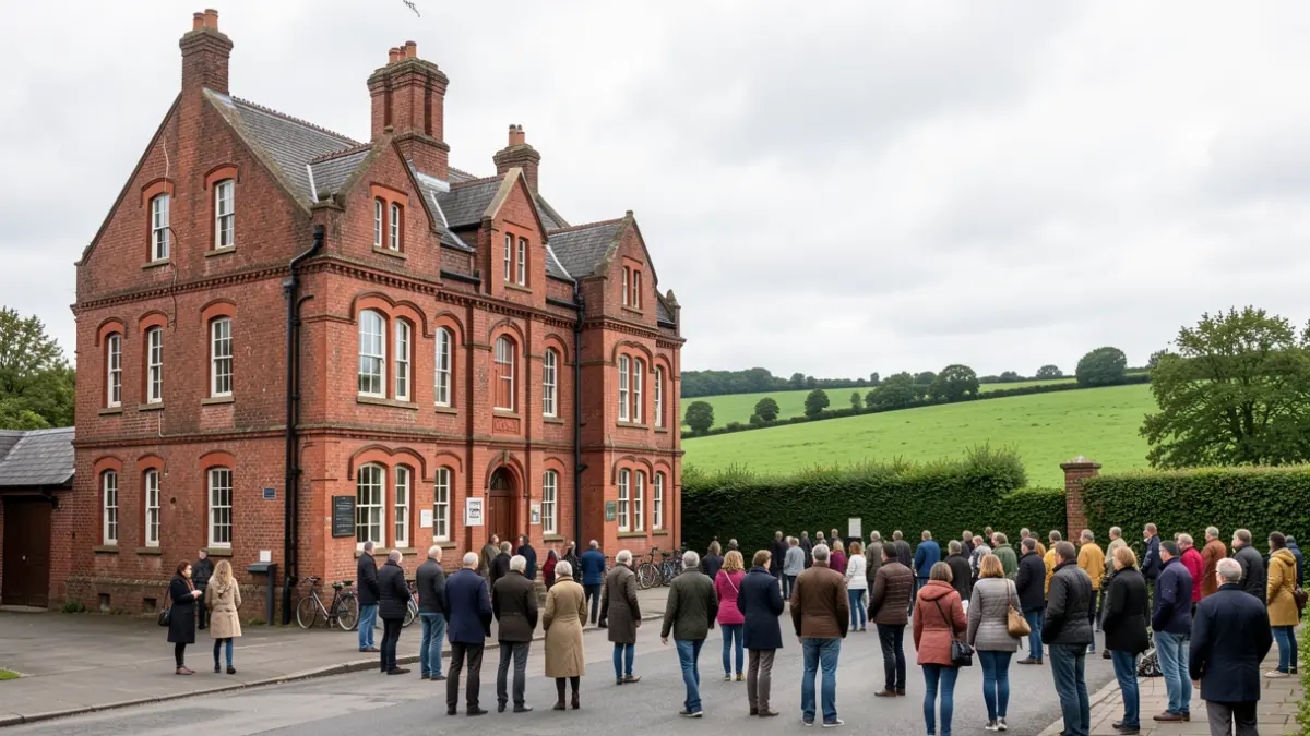 Generic image of a red-brick Victorian industrial heritage building in The Midlands, with green hedgerowed fields in the background under an overcast sky.