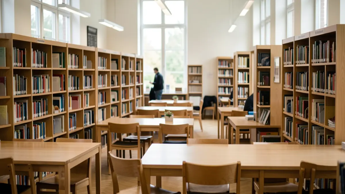 Generic image of the interior of a library with bookshelves and reading tables.