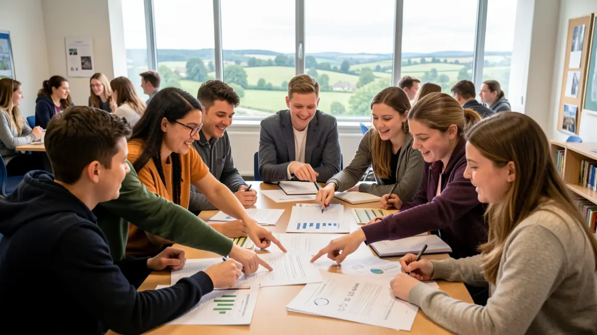 Generic image of young students working together on business plans in a college setting.