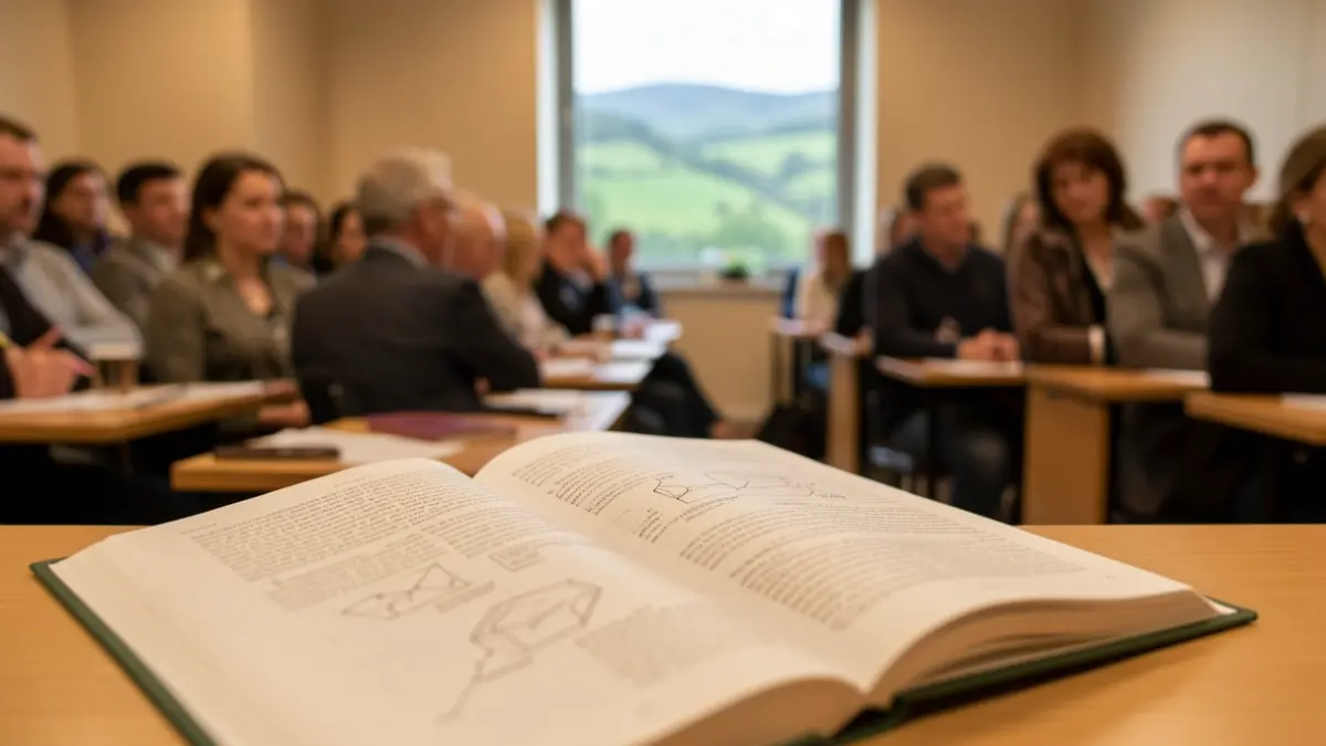 Generic image of an open book with text and diagrams on a desk, with blurred figures in a lecture hall in the background.