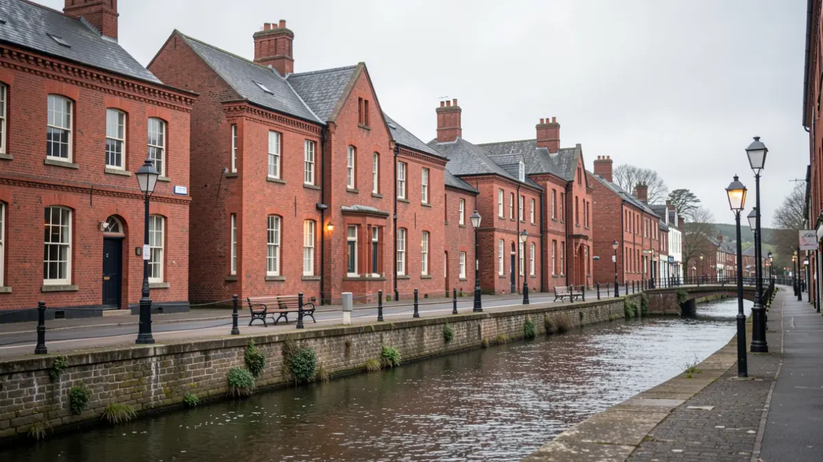 Staveley town centre improvements with canal and enhanced street lighting.