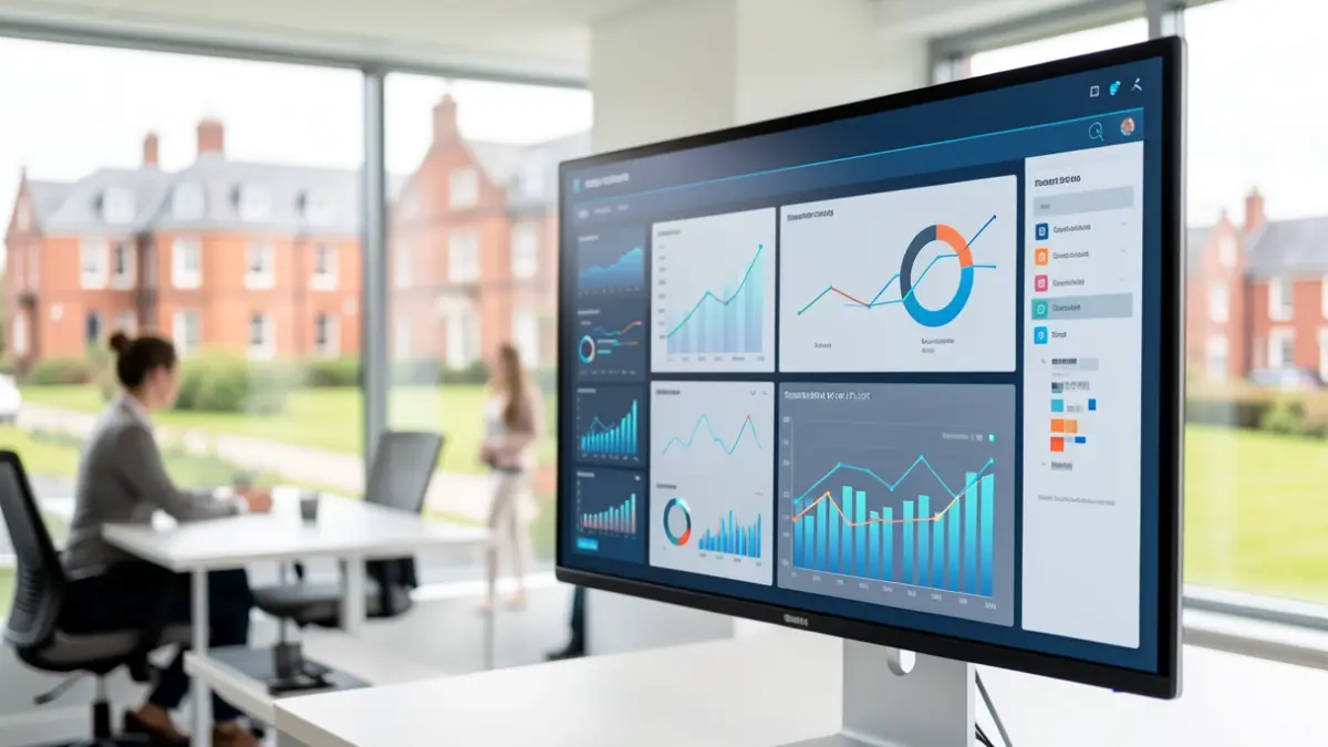 Digital interface displaying data charts and graphs in a modern office setting.