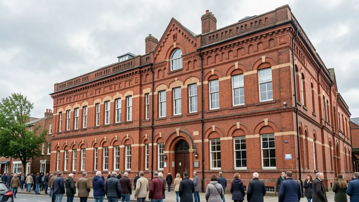 Generic image of a red-brick building facade in the Midlands, with a grey sky.