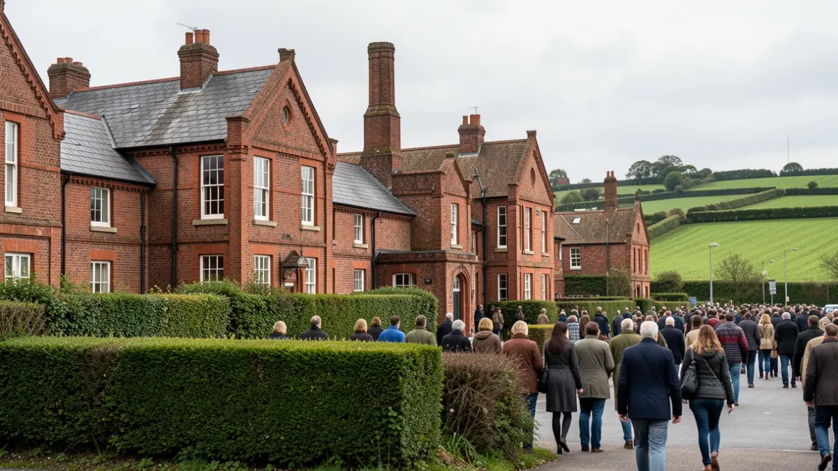 Generic image of red-brick Victorian industrial heritage buildings in Stoke-on-Trent, with green hedgerowed fields in the background under an overcast sky.