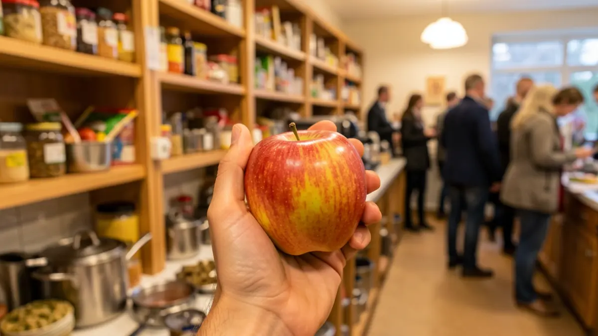 Generic image of a hand holding a fresh apple, with a blurred background of community kitchen shelves stocked with various food items and cooking equipment.