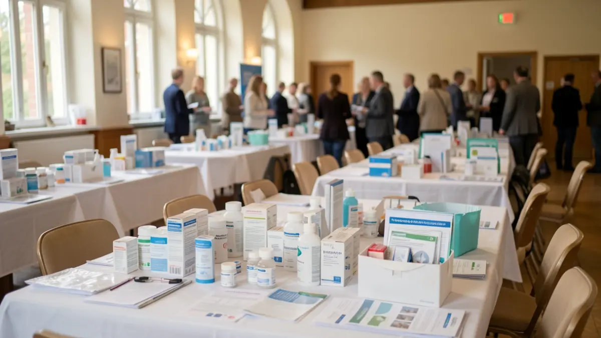 Generic image of a community event setup with tables displaying medical support products and information.