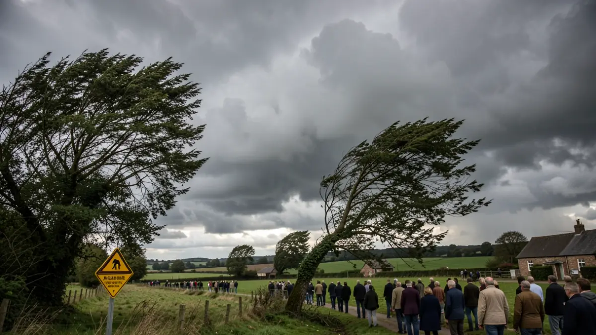 Generic image of storm clouds gathering over a rural landscape with strong winds bending trees and a yellow warning sign.