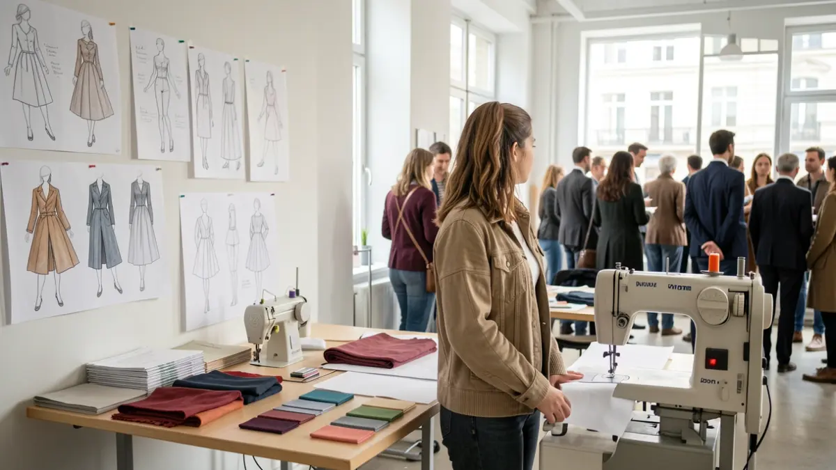 Generic image of a young woman working in a fashion design studio with sketches and fabrics.