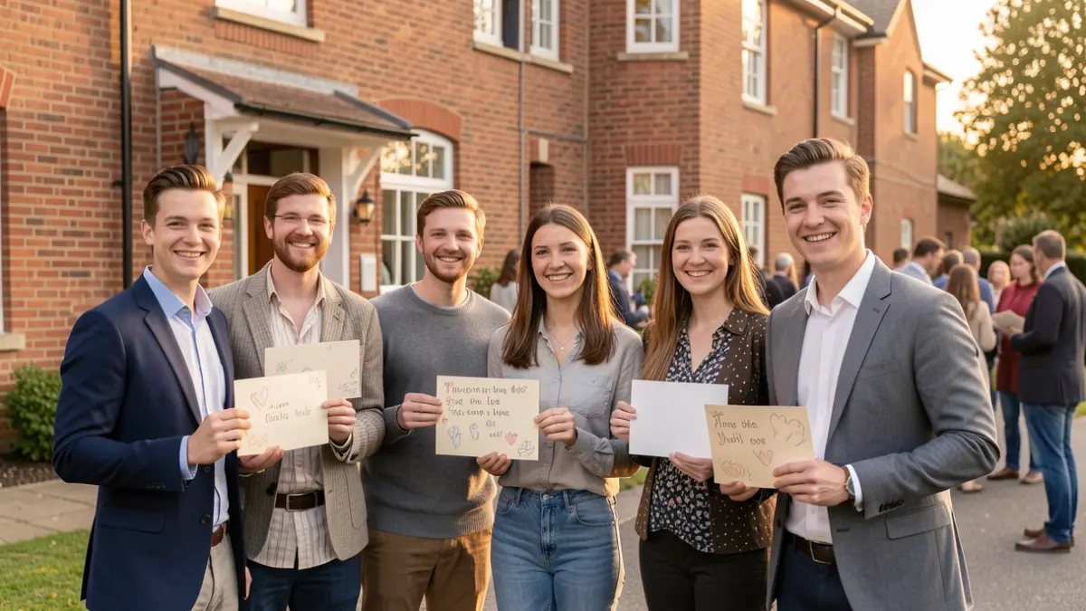 Generic image of students presenting handmade cards to a care home resident.