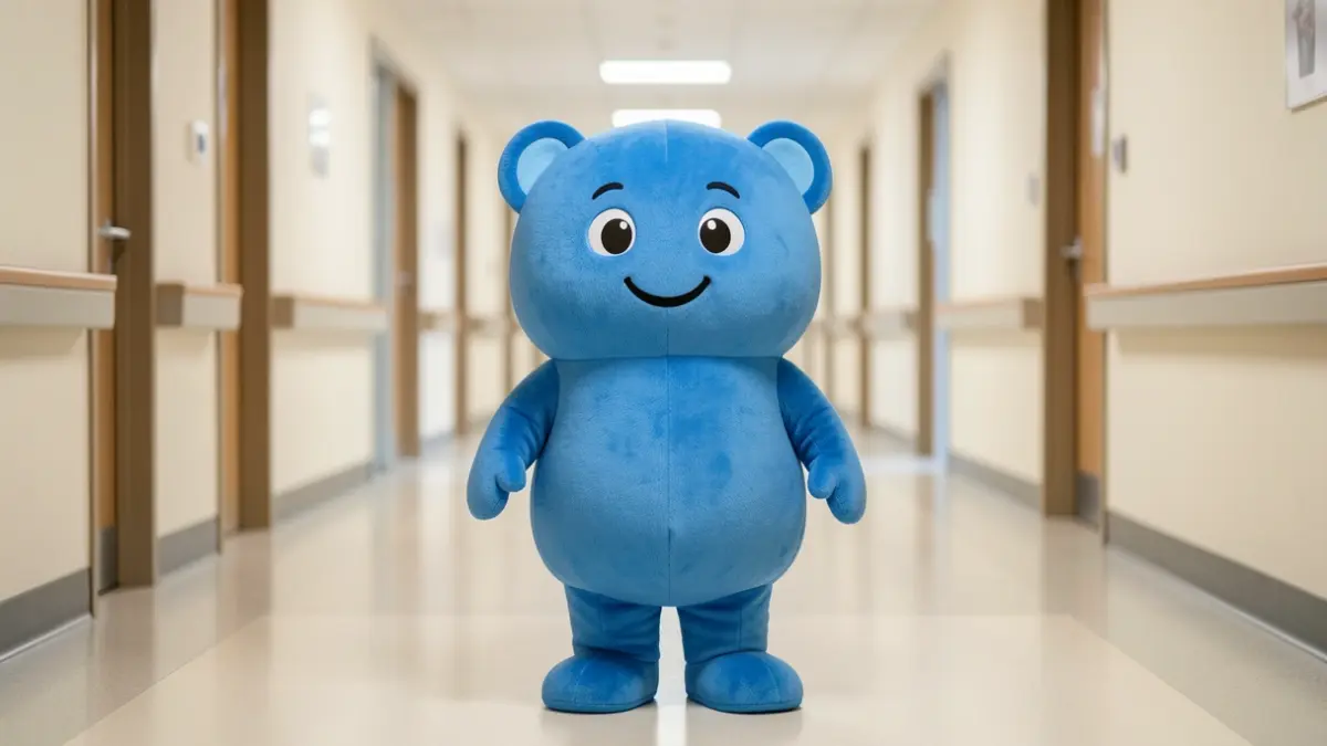 The new NHS charity mascot 'Blue', a friendly cartoon character designed by a student.