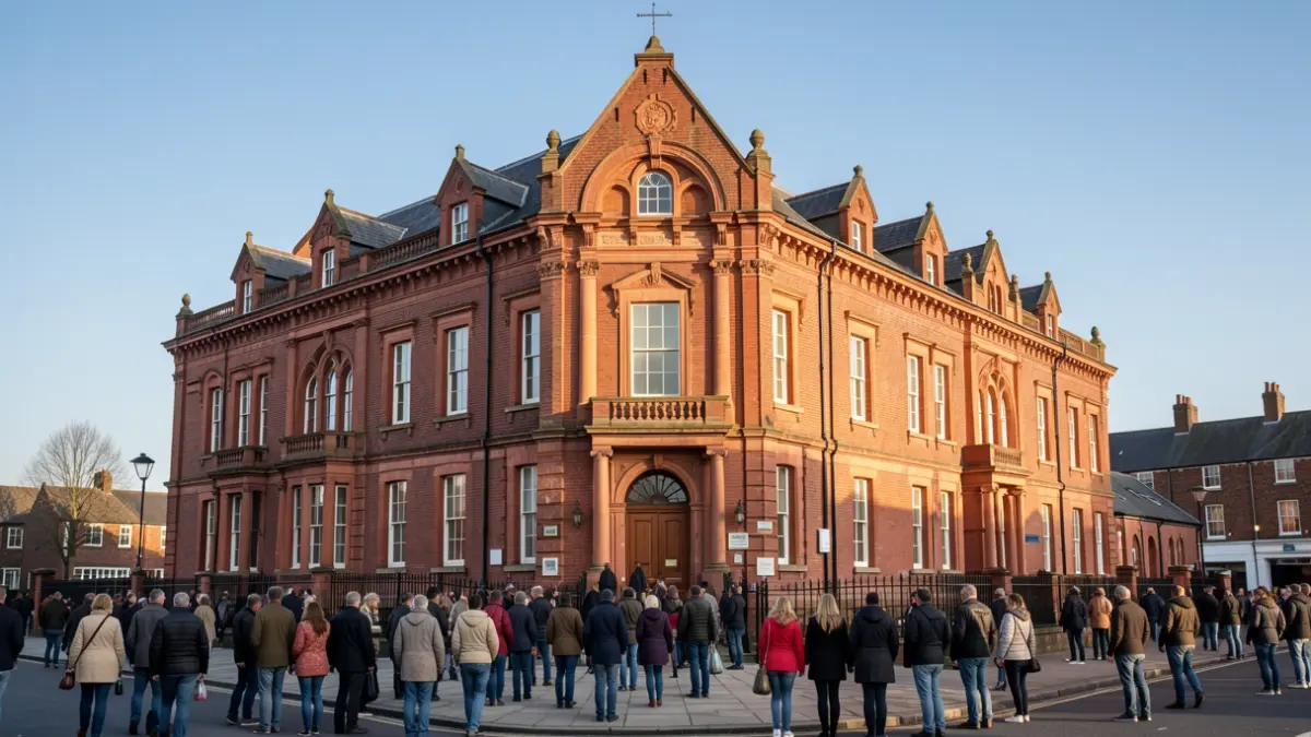 Generic image of a red-brick Victorian town hall with ornate details in The Midlands, under a blue sky with warm afternoon sunlight.