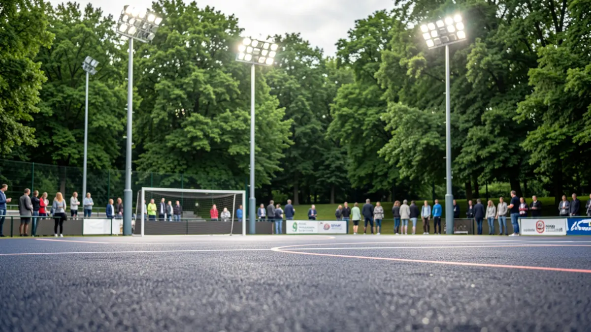 Generic image of a newly resurfaced netball court with modern, energy-efficient lighting in a park setting.