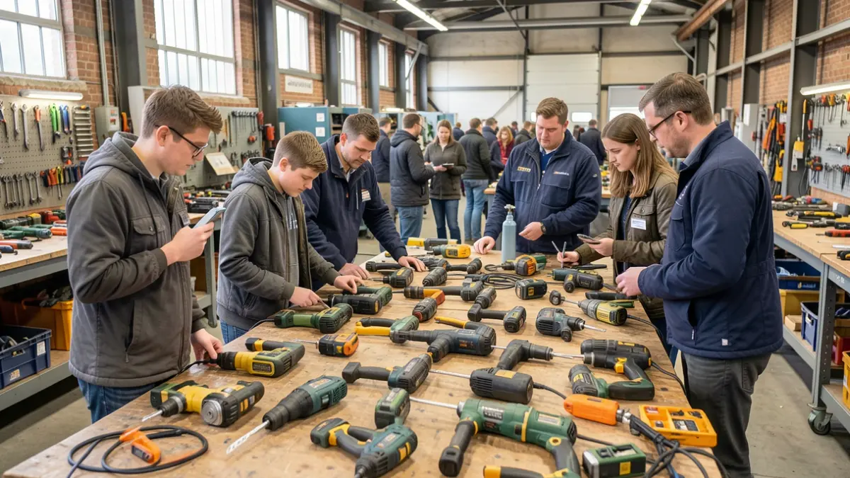Generic image of construction students interacting with various tools and equipment in a college workshop setting.