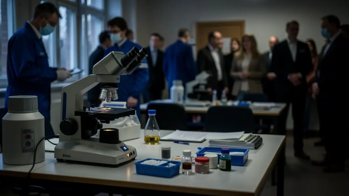 Generic image of forensic investigation tools on a table in a dimly lit room.